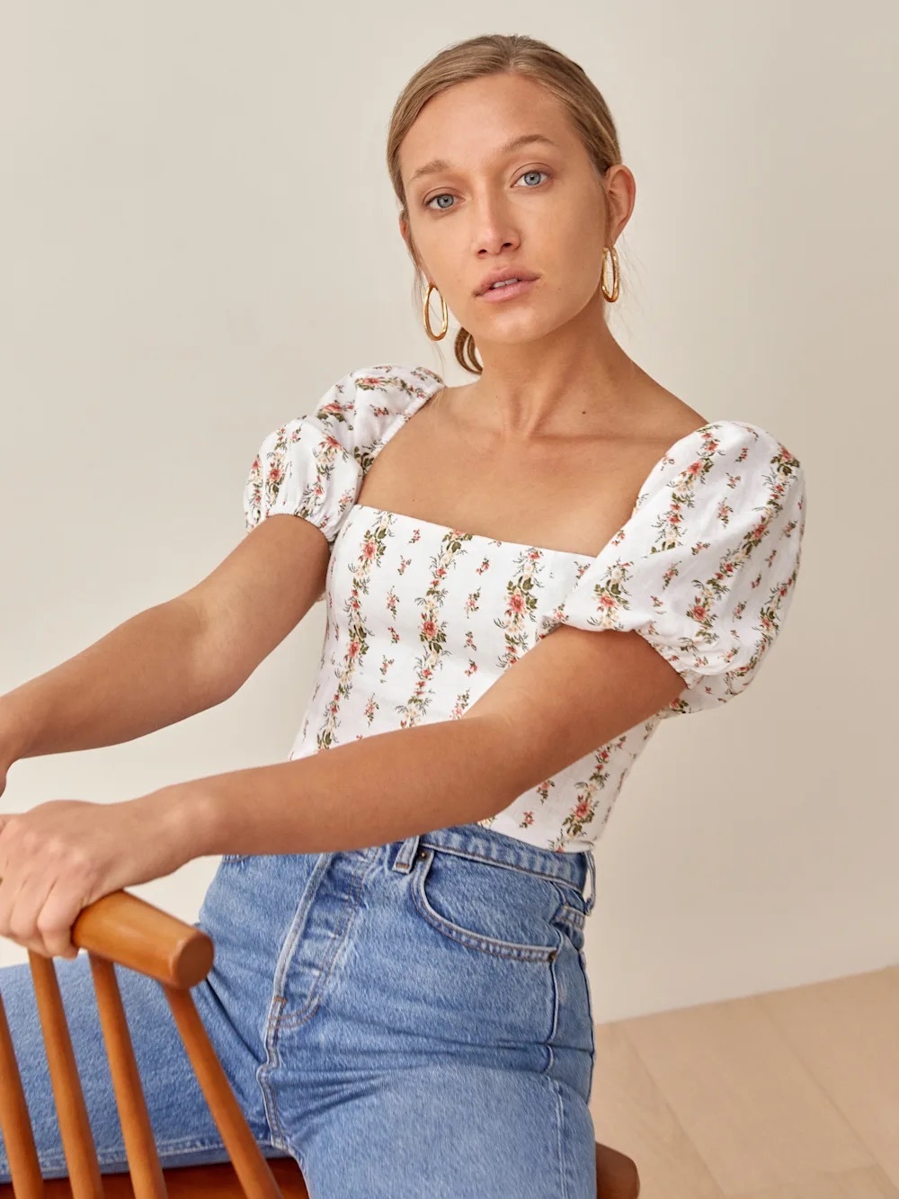 Reformation Arancini White Floral Square-Neck Puff Sleeve Linen Top
